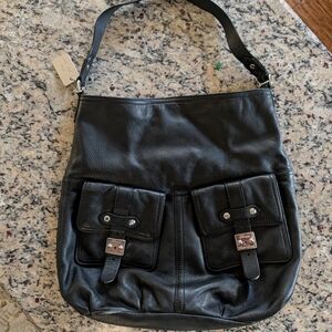 Lauren~1967~ Ralph Lauren  Black Pebbled Leathe Shoulder Bag with Buckle Pockets